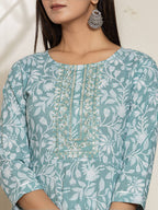 Yufta Green Sequins Workthread Work Cotton Anarkali Kurta And Trouser With Dupatta | Grocsy