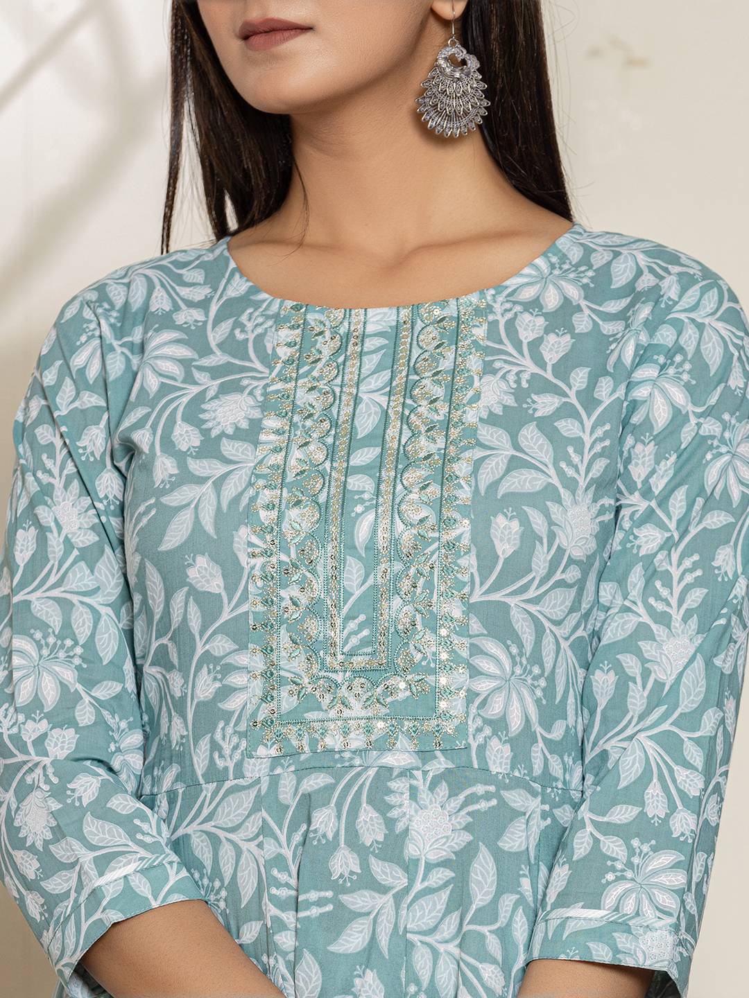 Yufta Green Sequins Workthread Work Cotton Anarkali Kurta And Trouser With Dupatta | Grocsy