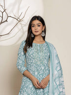 Yufta Green Sequins Workthread Work Cotton Anarkali Kurta And Trouser With Dupatta | Grocsy