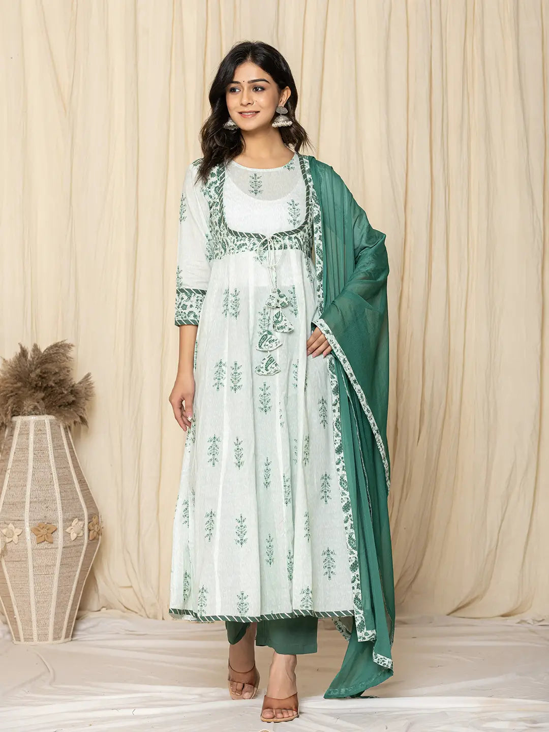 Yufta Green Sequins_Work Cotton Anarkali Kurta And Trouser With Dupatta Set | Grocsy