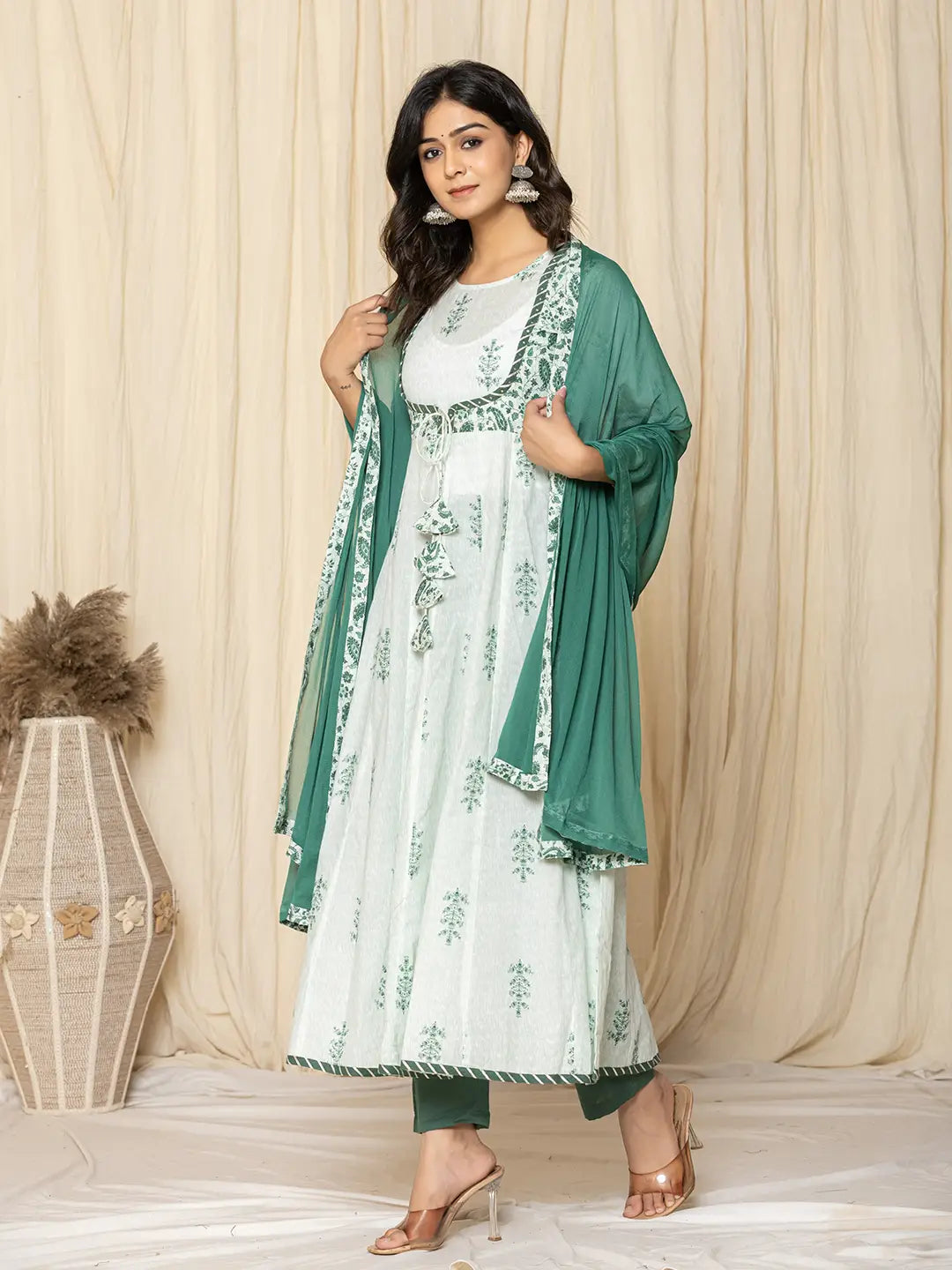 Yufta Green Sequins_Work Cotton Anarkali Kurta And Trouser With Dupatta Set | Grocsy