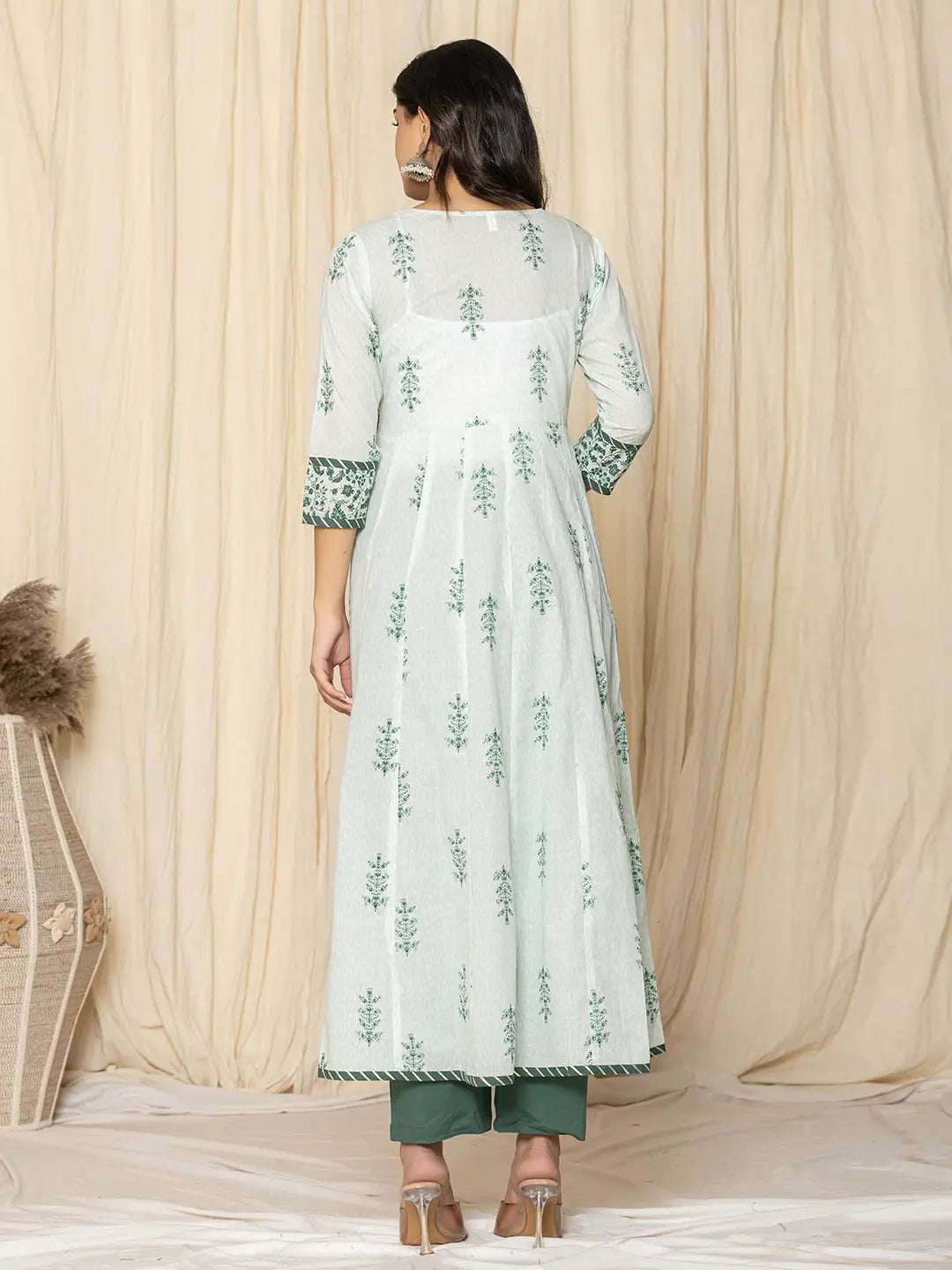 Yufta Green Sequins_Work Cotton Anarkali Kurta And Trouser With Dupatta Set | Grocsy