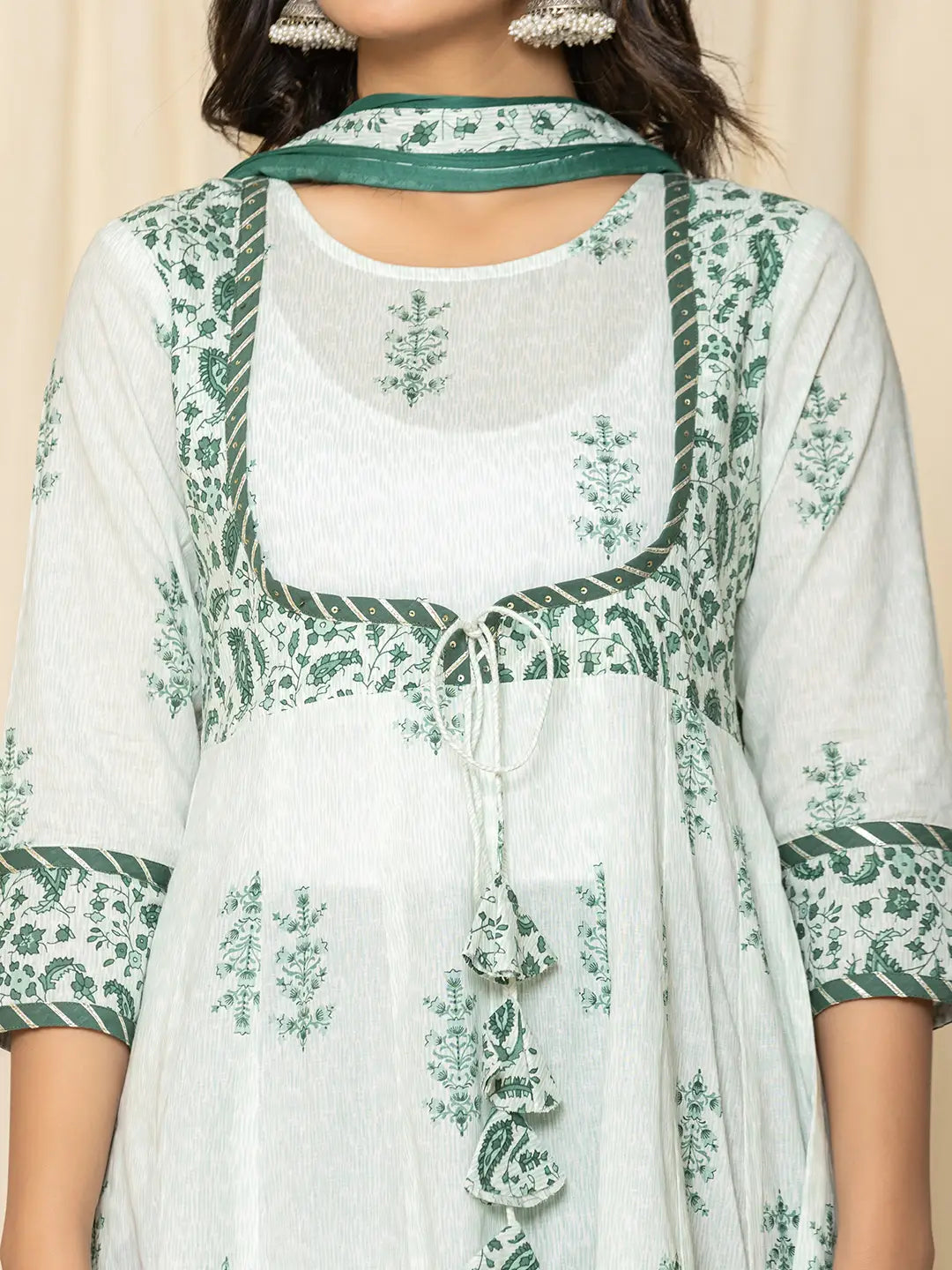 Yufta Green Sequins_Work Cotton Anarkali Kurta And Trouser With Dupatta Set | Grocsy