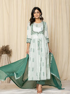 Yufta Green Sequins_Work Cotton Anarkali Kurta And Trouser With Dupatta Set | Grocsy