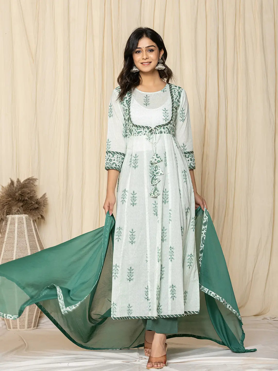 Yufta Green Sequins_Work Cotton Anarkali Kurta And Trouser With Dupatta Set | Grocsy