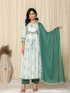 Yufta Green Sequins_Work Cotton Anarkali Kurta And Trouser With Dupatta Set | Grocsy