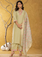 Yufta Green Silk Blend Pakistani Style Kurta Dupatta Set | Grocsy