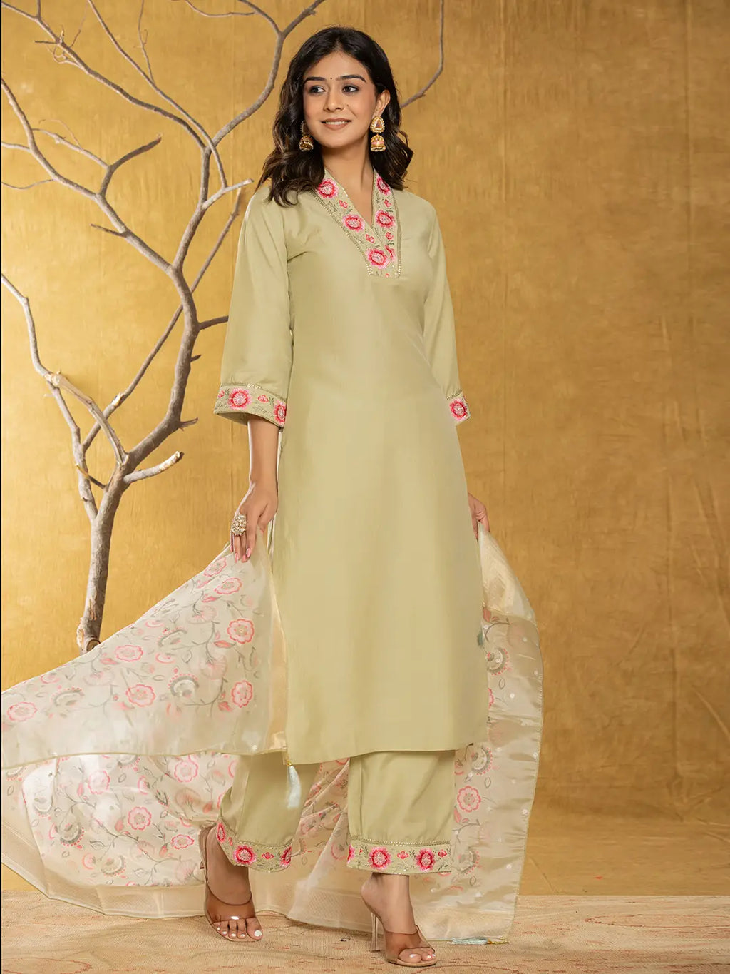 Yufta Green Silk Blend Pakistani Style Kurta Dupatta Set | Grocsy