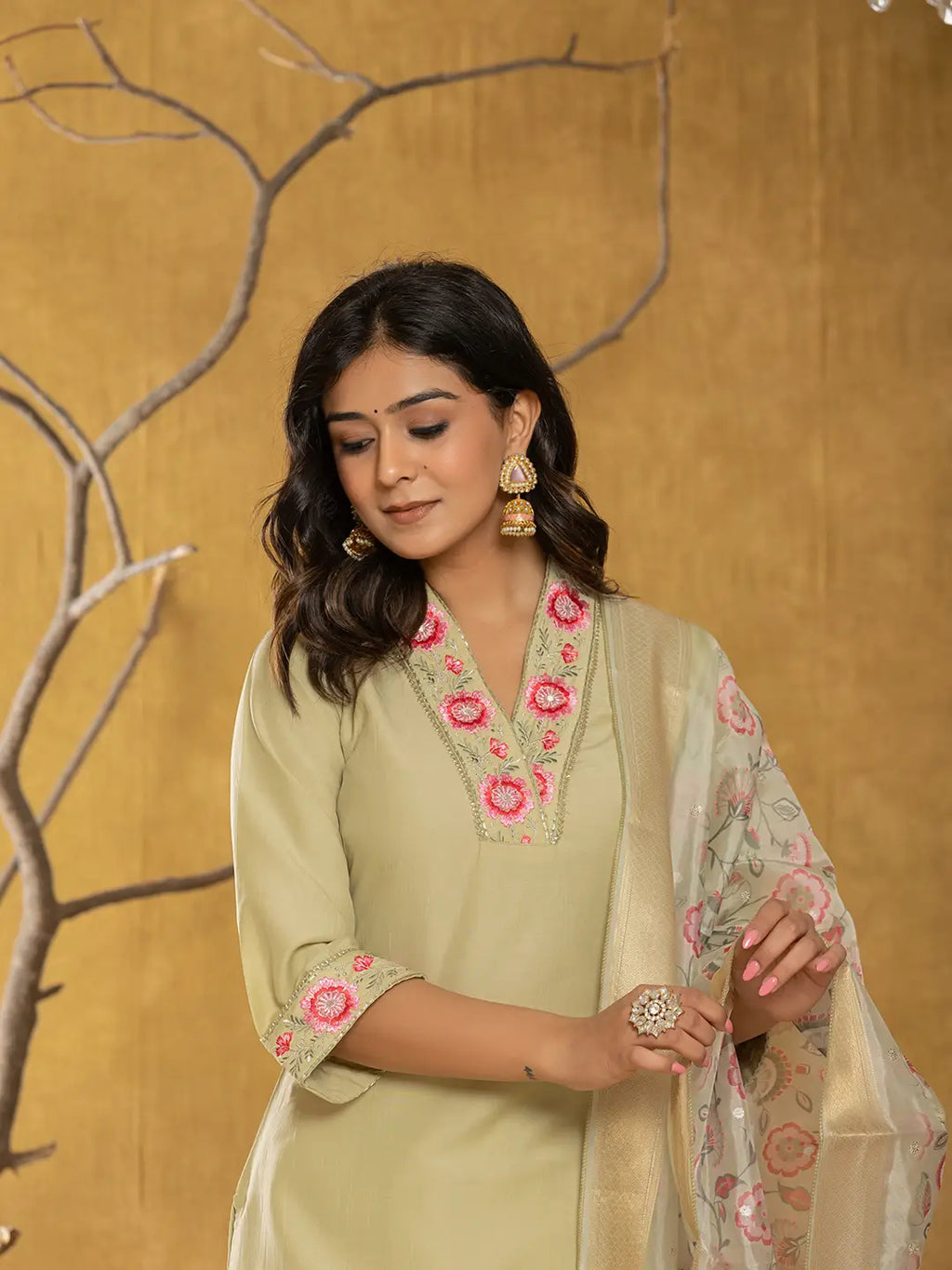 Yufta Green Silk Blend Pakistani Style Kurta Dupatta Set | Grocsy