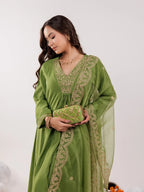 Yufta Green Silk Embroidered Kurta Dupatta Set | Grocsy