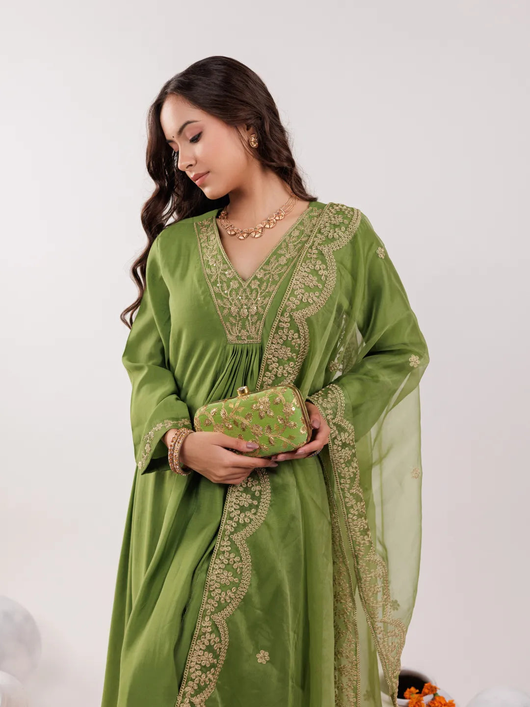 Yufta Green Silk Embroidered Kurta Dupatta Set | Grocsy