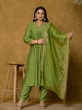 Yufta Green Silk Embroidered Plus Size Kurta Dupatta Set | Grocsy