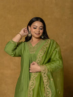 Yufta Green Silk Embroidered Plus Size Kurta Dupatta Set | Grocsy