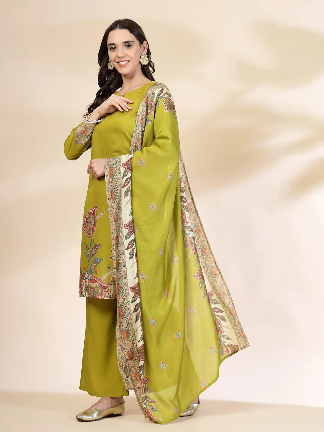 Yufta Green Silk Straight Kurta With Palazzo Dupatta Set | Grocsy