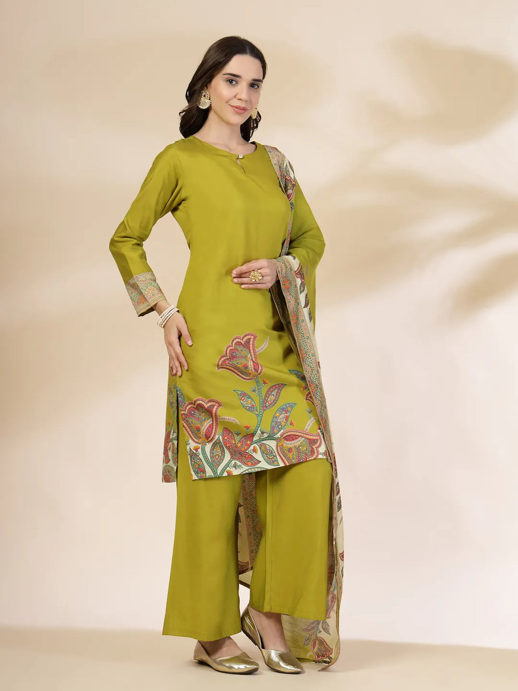 Yufta Green Silk Straight Kurta With Palazzo Dupatta Set | Grocsy