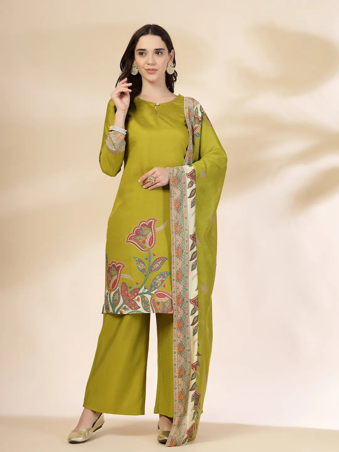 Yufta Green Silk Straight Kurta With Palazzo Dupatta Set | Grocsy