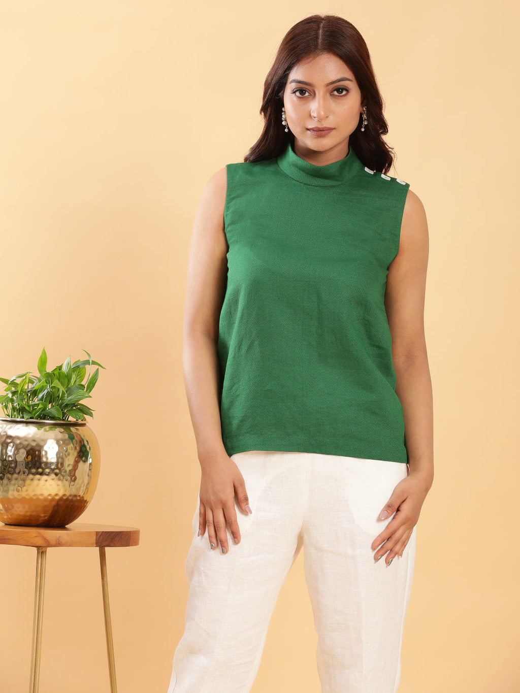 BohoJazz Green Fitted Top with Off-White Trousers Co-ord Set | Grocsy