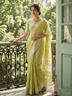 Anaita Green Linen Zari Work Saree With Blouse | Grocsy