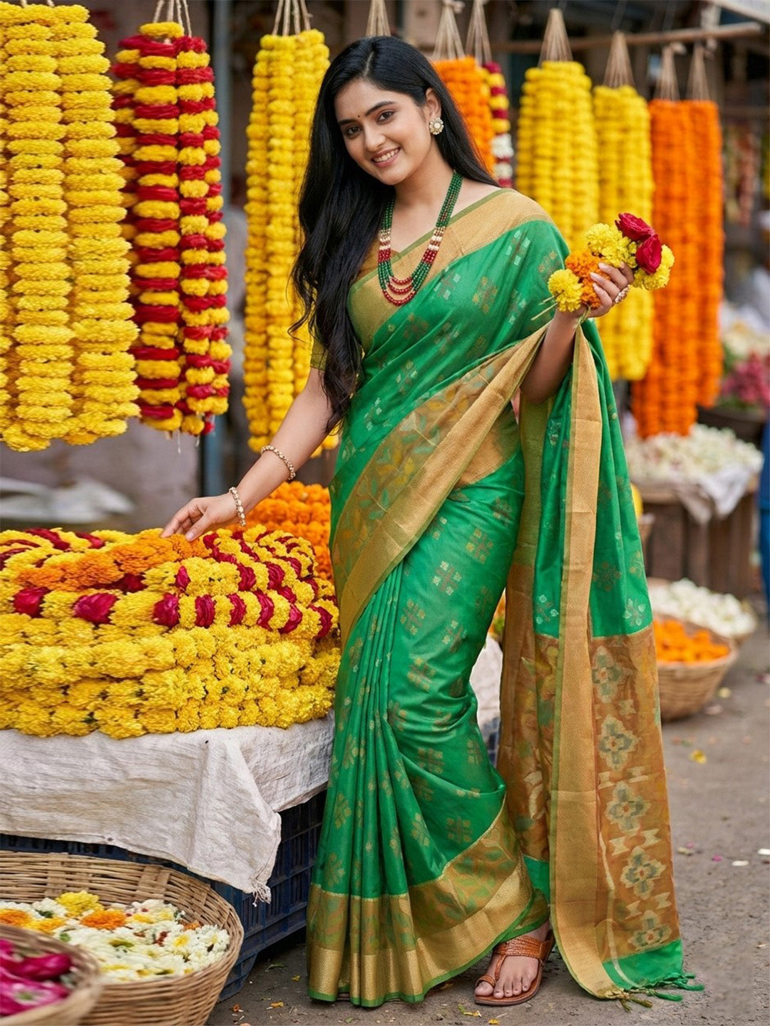 Anaita Green Pochampally Silk Woven Saree With Blouse | Grocsy
