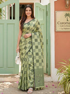 Anaita Green Linen Cotton Woven Saree With Blouse | Grocsy