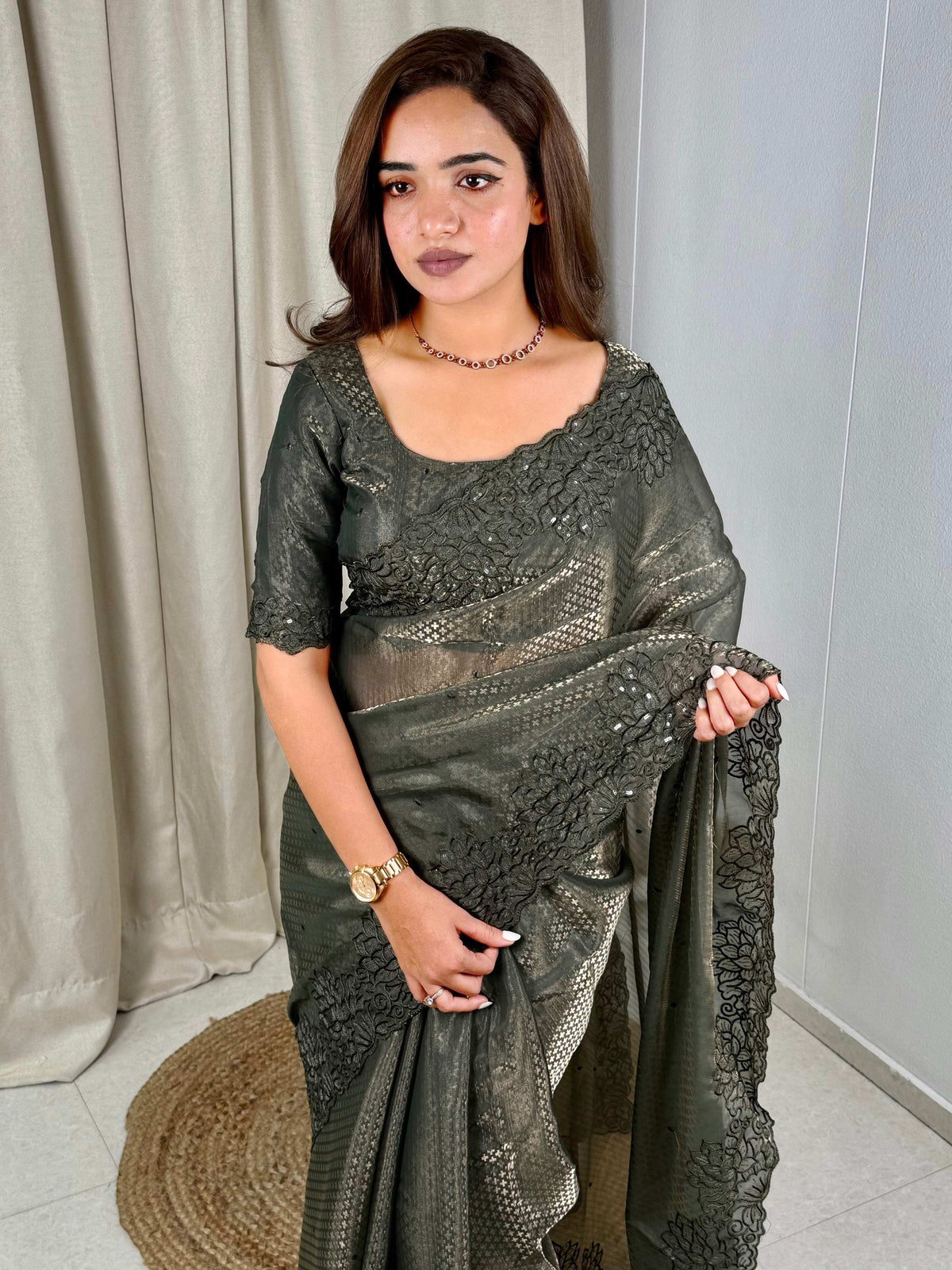 Evanik Green Glass Satin Jecquard Weaving With Thread Sequence Work Saree With Blouse | Grocsy
