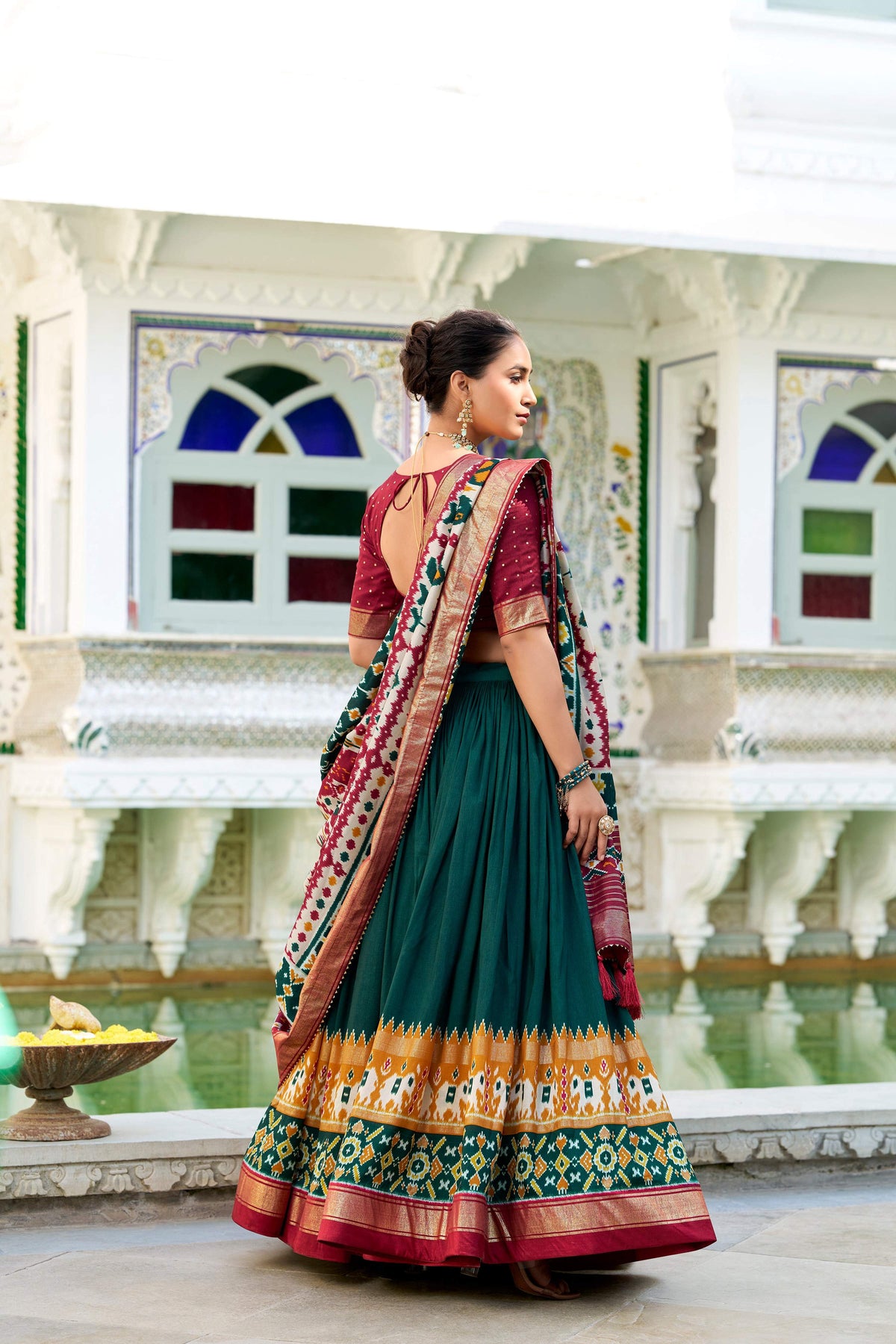 Evanik Green Traditional Style Tussar Silk Patola Print With Foil Work Unstitched Lehenga Choli | Grocsy