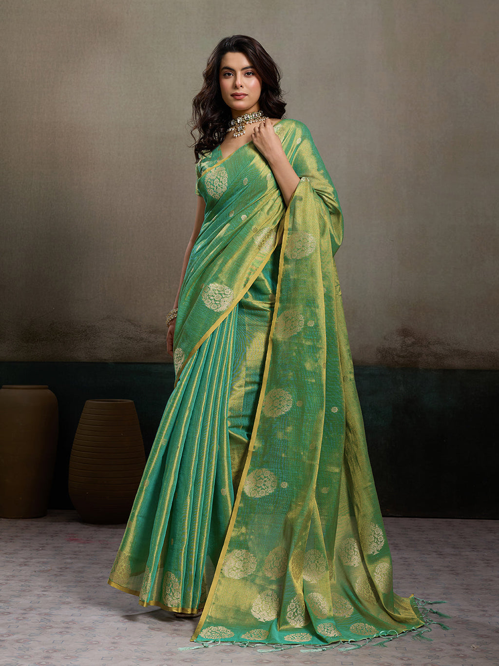 Anaita Green Tissue Silk Woven Saree With Blouse | Grocsy