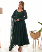 Evanik Green Pure Faux Georgette Lucknowi Sequence Work Anarkali Set | Grocsy