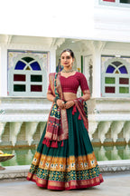 Evanik Green Traditional Style Tussar Silk Patola Print With Foil Work Unstitched Lehenga Choli | Grocsy
