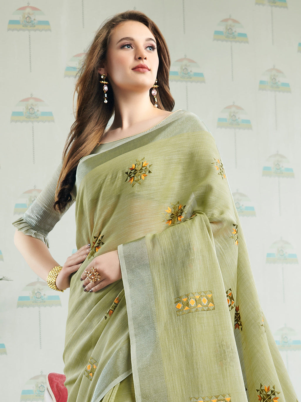 Anaita Green Linen Embroidery Saree With Blouse | Grocsy