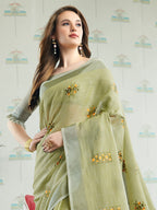 Anaita Green Linen Embroidery Saree With Blouse | Grocsy