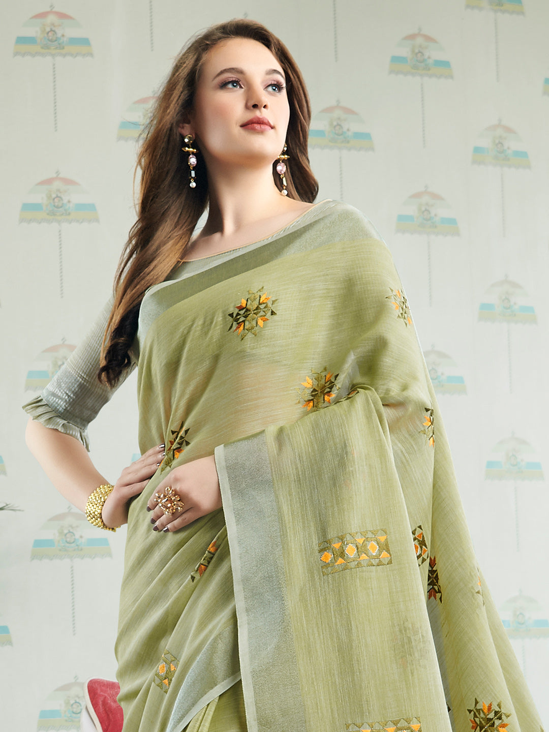 Anaita Green Linen Embroidery Saree With Blouse | Grocsy