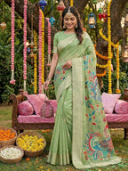 Anaita Green Linen Cotton Woven Saree With Blouse | Grocsy