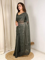 Evanik Green Glass Satin Jecquard Weaving With Thread Sequence Work Saree With Blouse | Grocsy