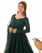 Evanik Green Pure Faux Georgette Lucknowi Sequence Work Anarkali Set | Grocsy