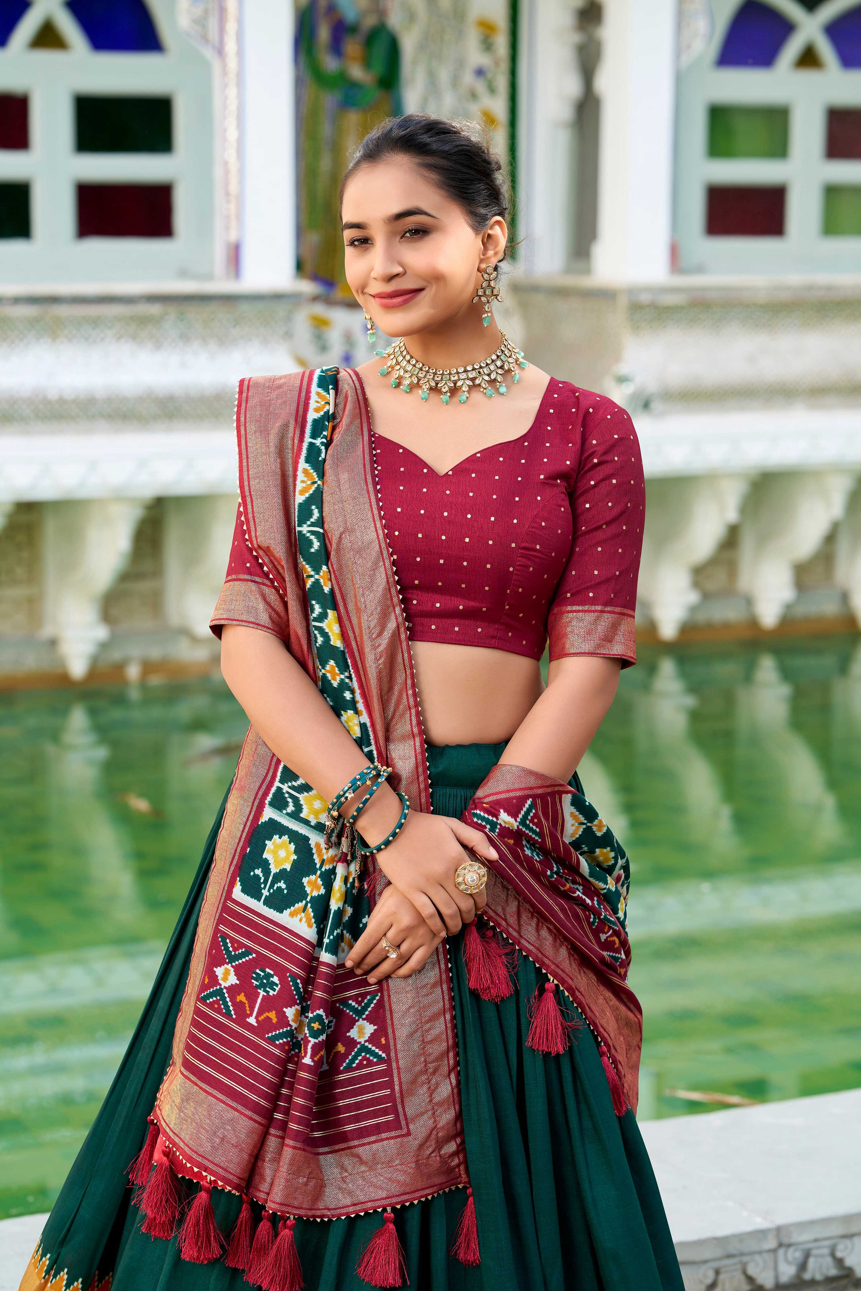 Evanik Green Traditional Style Tussar Silk Patola Print With Foil Work Unstitched Lehenga Choli | Grocsy