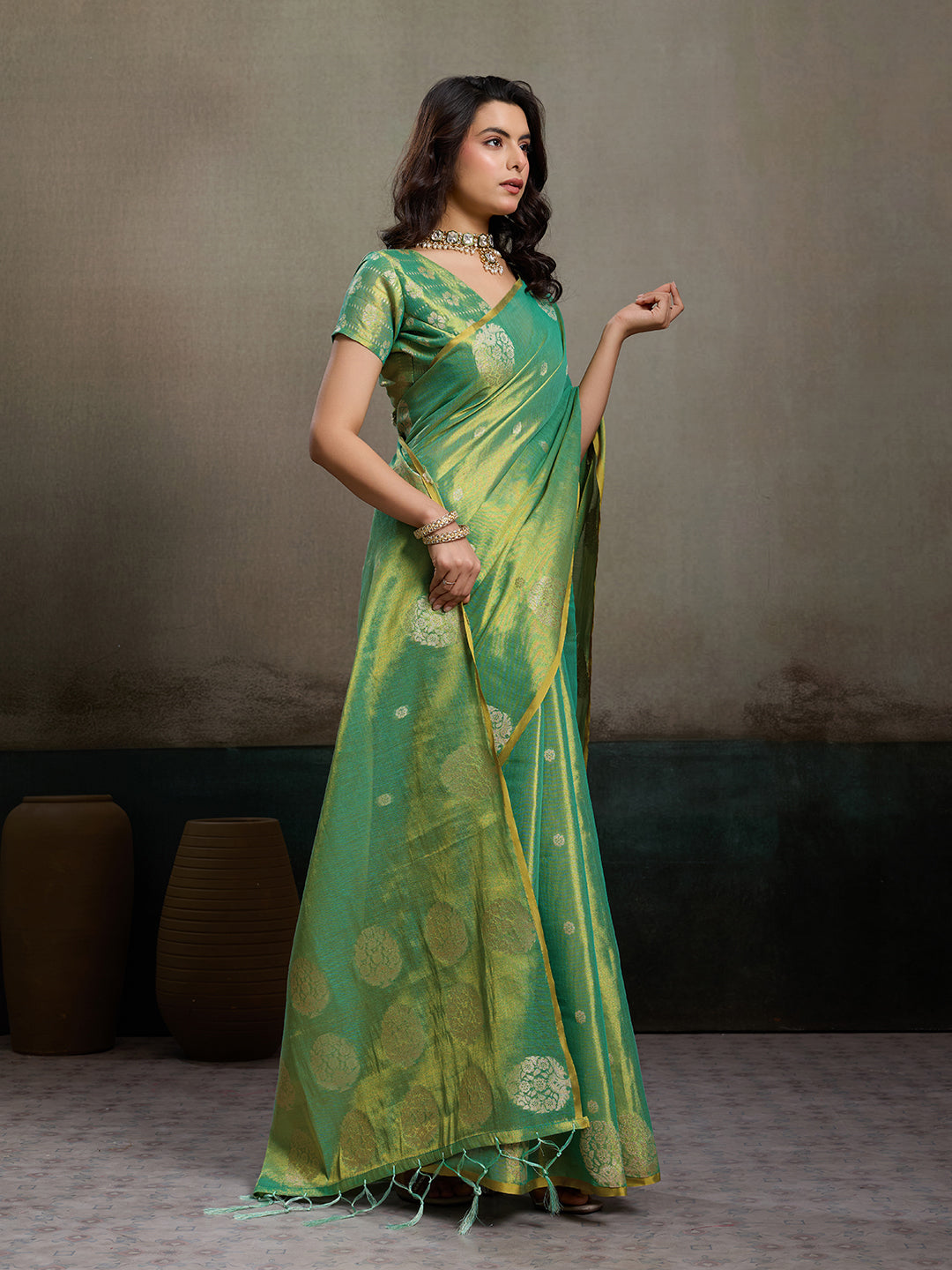 Anaita Green Tissue Silk Woven Saree With Blouse | Grocsy