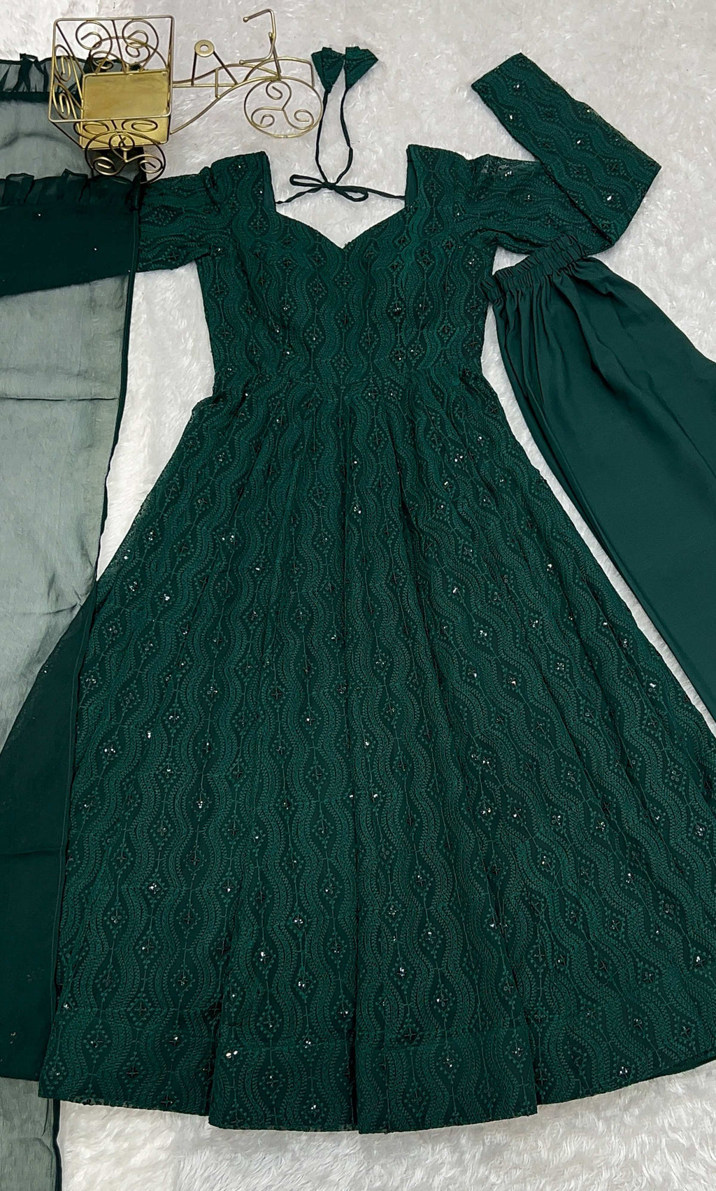 Evanik Green Pure Faux Georgette Lucknowi Sequence Work Anarkali Set | Grocsy