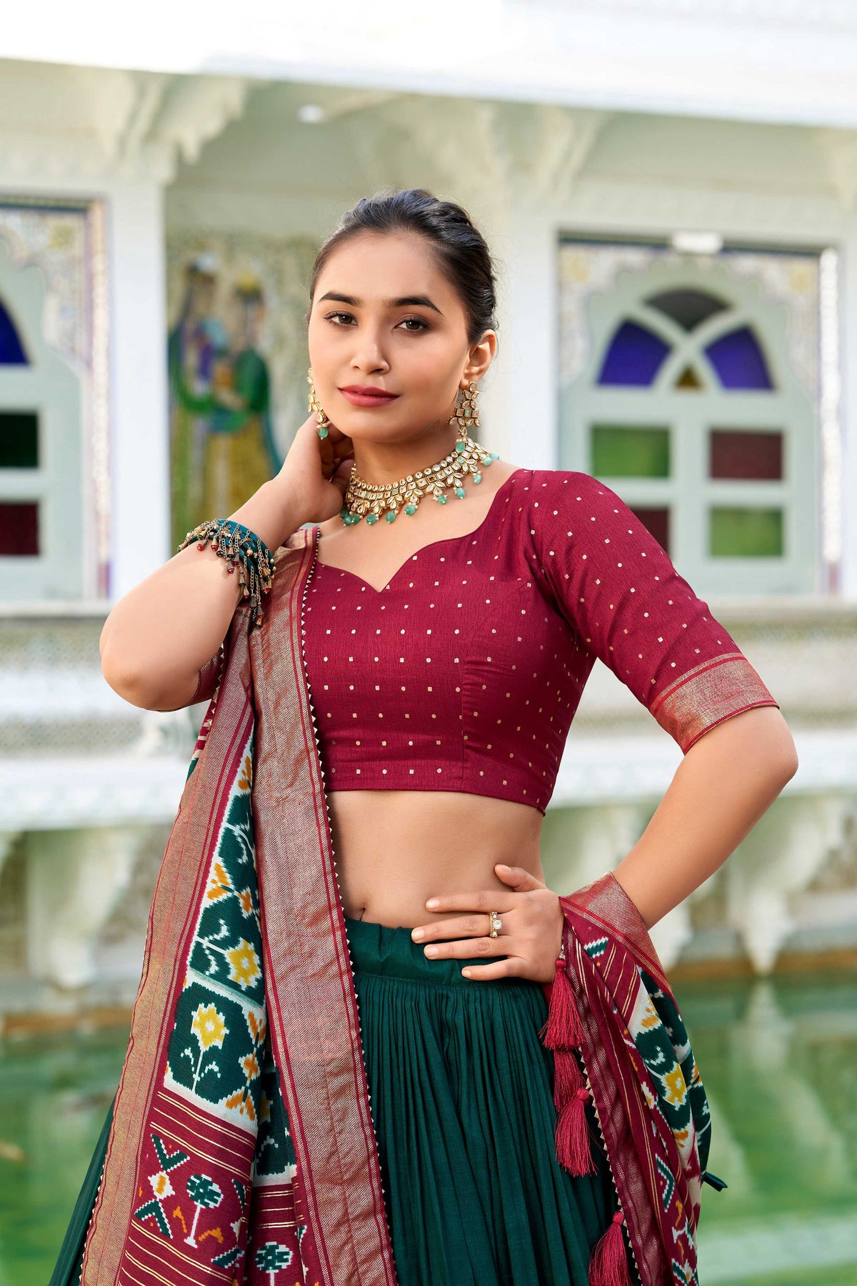 Evanik Green Traditional Style Tussar Silk Patola Print With Foil Work Unstitched Lehenga Choli | Grocsy
