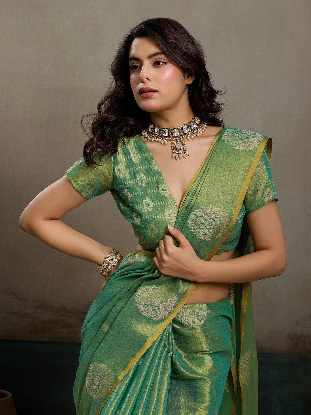 Anaita Green Tissue Silk Woven Saree With Blouse | Grocsy