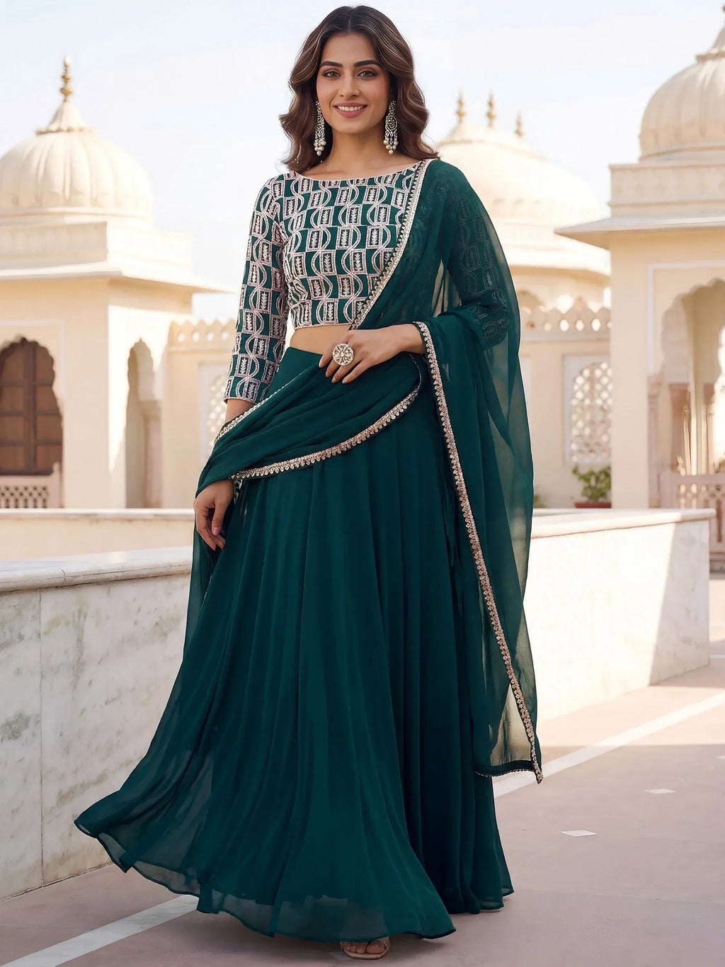 Tulsi Art Incredible Green Embroidered Georgette Wedding Wear Lehenga Choli | Grocsy