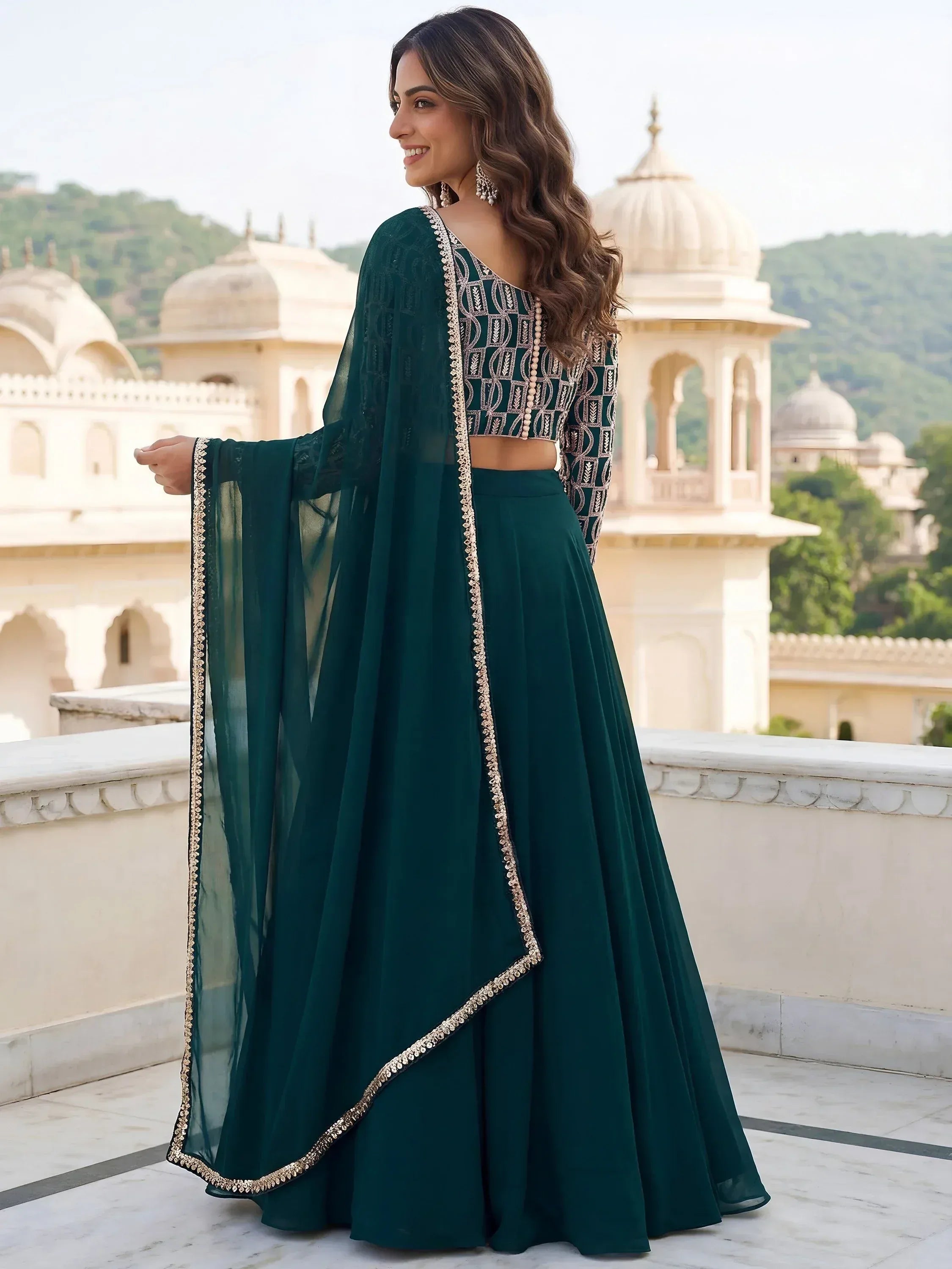 Tulsi Art Incredible Green Embroidered Georgette Wedding Wear Lehenga Choli | Grocsy
