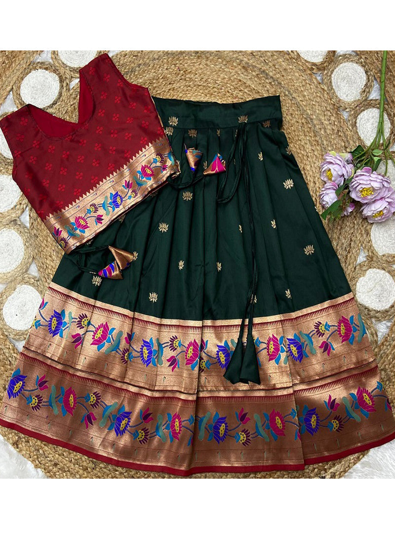 Evanik Green Kids Paithani Silk Lotus Pattern Lehenga Choli | Grocsy
