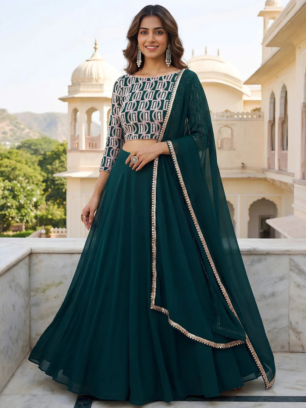 Tulsi Art Incredible Green Embroidered Georgette Wedding Wear Lehenga Choli | Grocsy