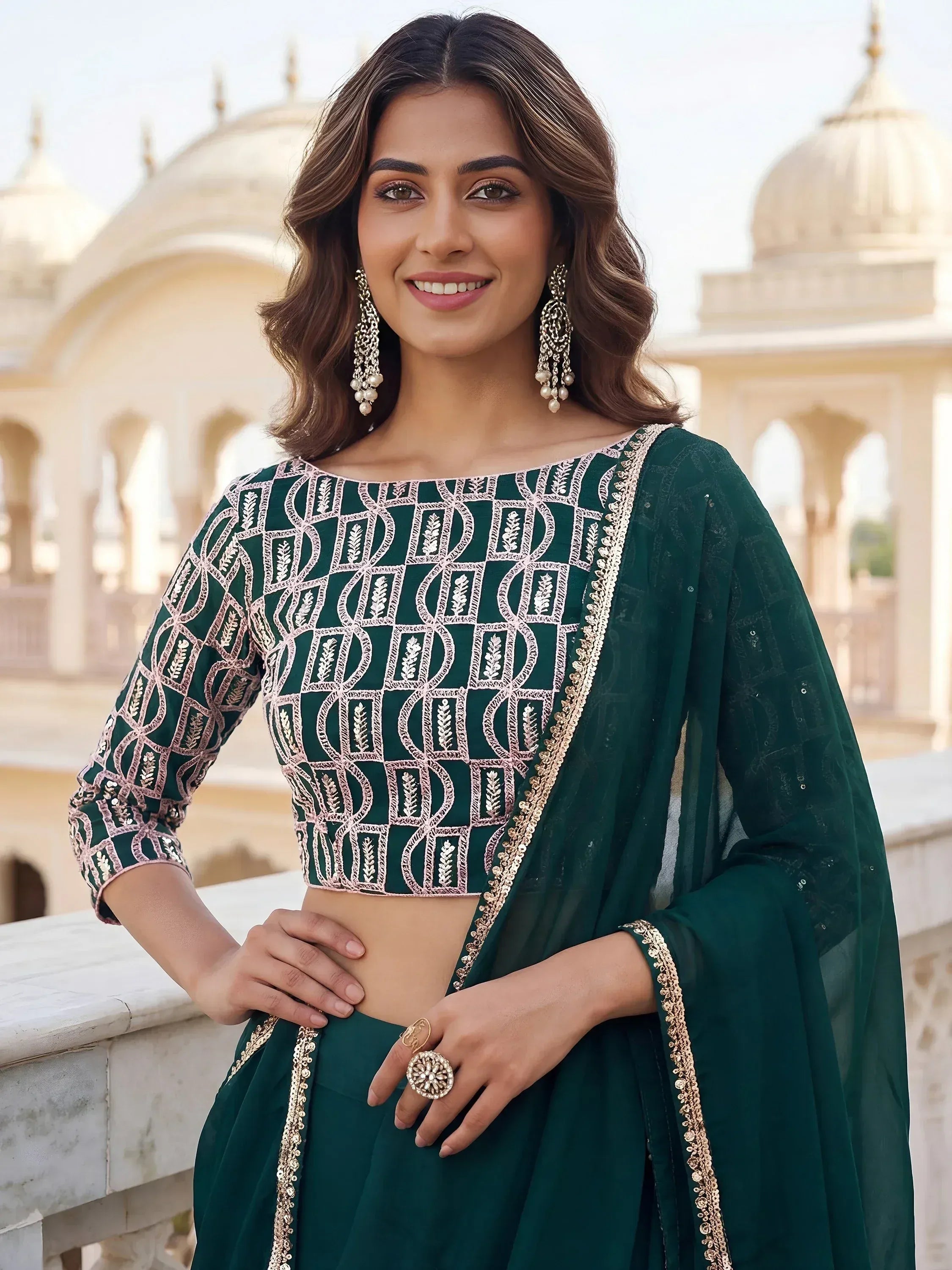 Tulsi Art Incredible Green Embroidered Georgette Wedding Wear Lehenga Choli | Grocsy