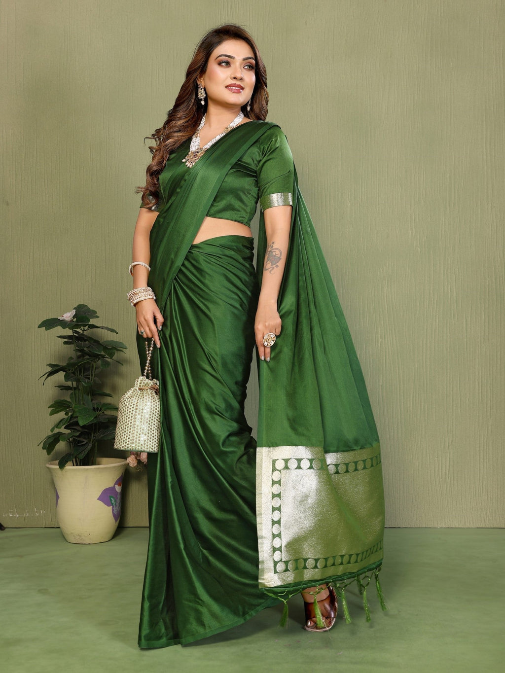 Anaita Green Zari Weaving Work Satin Silk Saree With Blouse | Grocsy