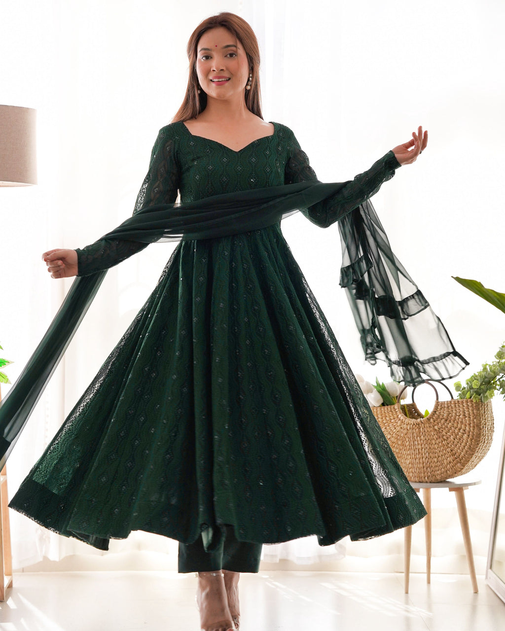Evanik Green Pure Faux Georgette Lucknowi Sequence Work Anarkali Set | Grocsy