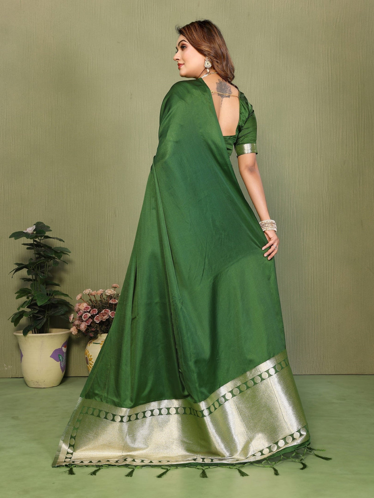 Anaita Green Zari Weaving Work Satin Silk Saree With Blouse | Grocsy