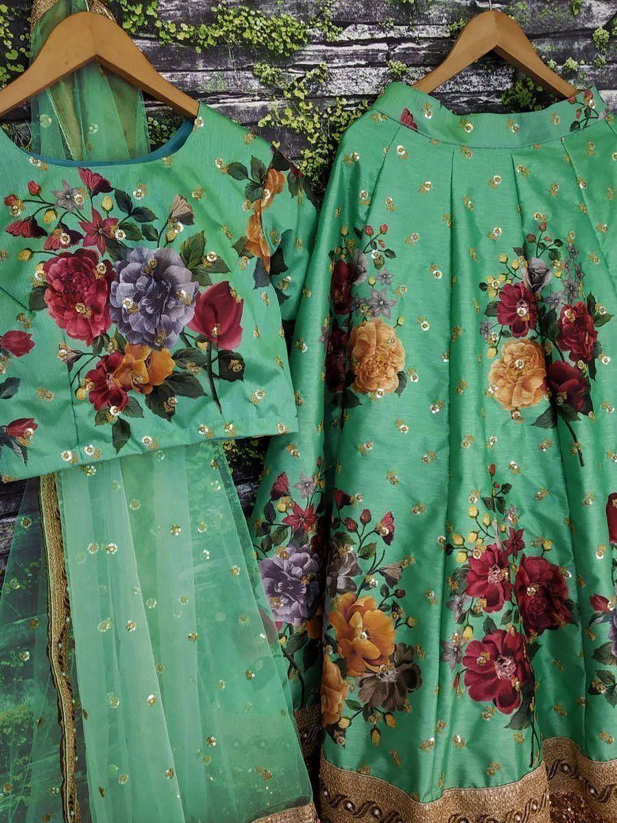 Tulsi Art Green Floral Digital Printed Art Silk Bridal Lehenga Choli | Grocsy