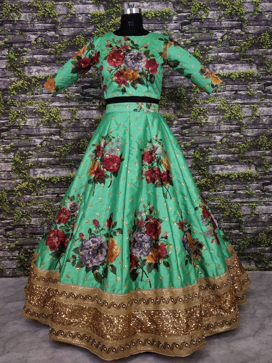 Tulsi Art Green Floral Digital Printed Art Silk Bridal Lehenga Choli | Grocsy